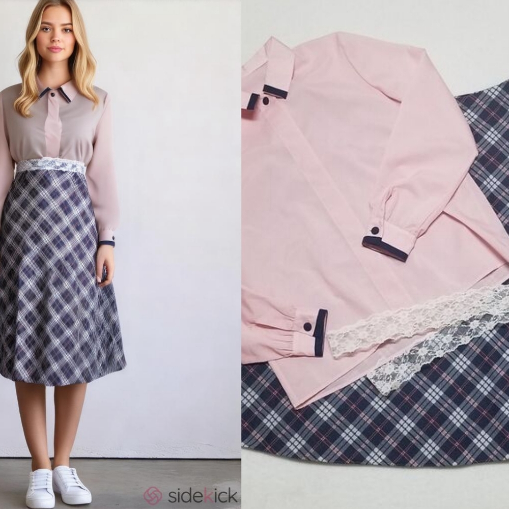 Lady Blair Vintage 70s Blue Pink Button Up Blouse Plaid A-Line Midi Skirt Set Xl